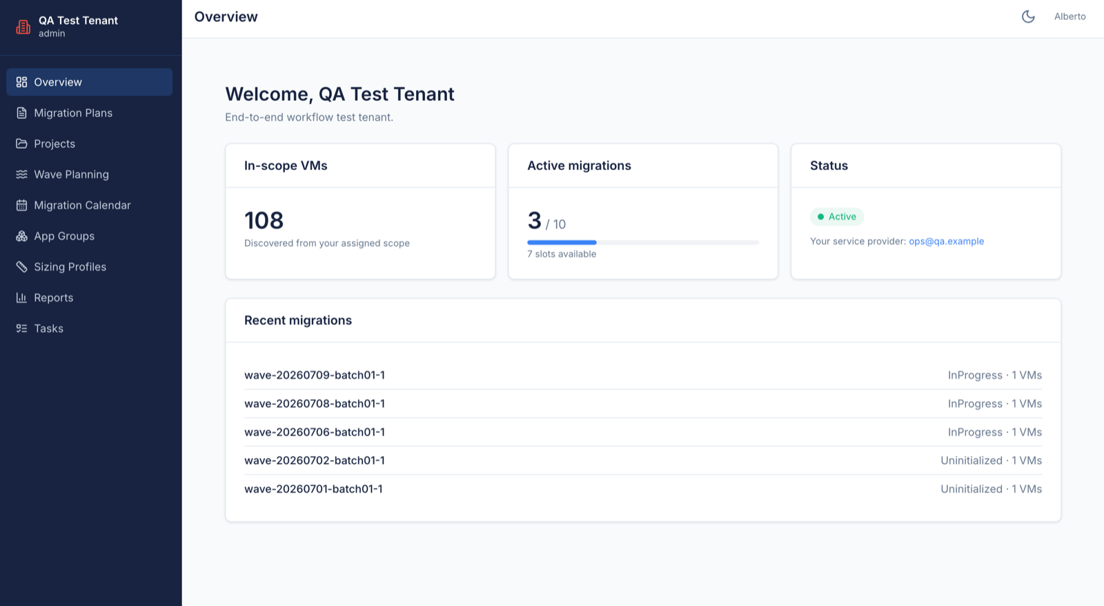 Branded tenant portal showing in-scope VMs, active migration slots, status, and recent migrations