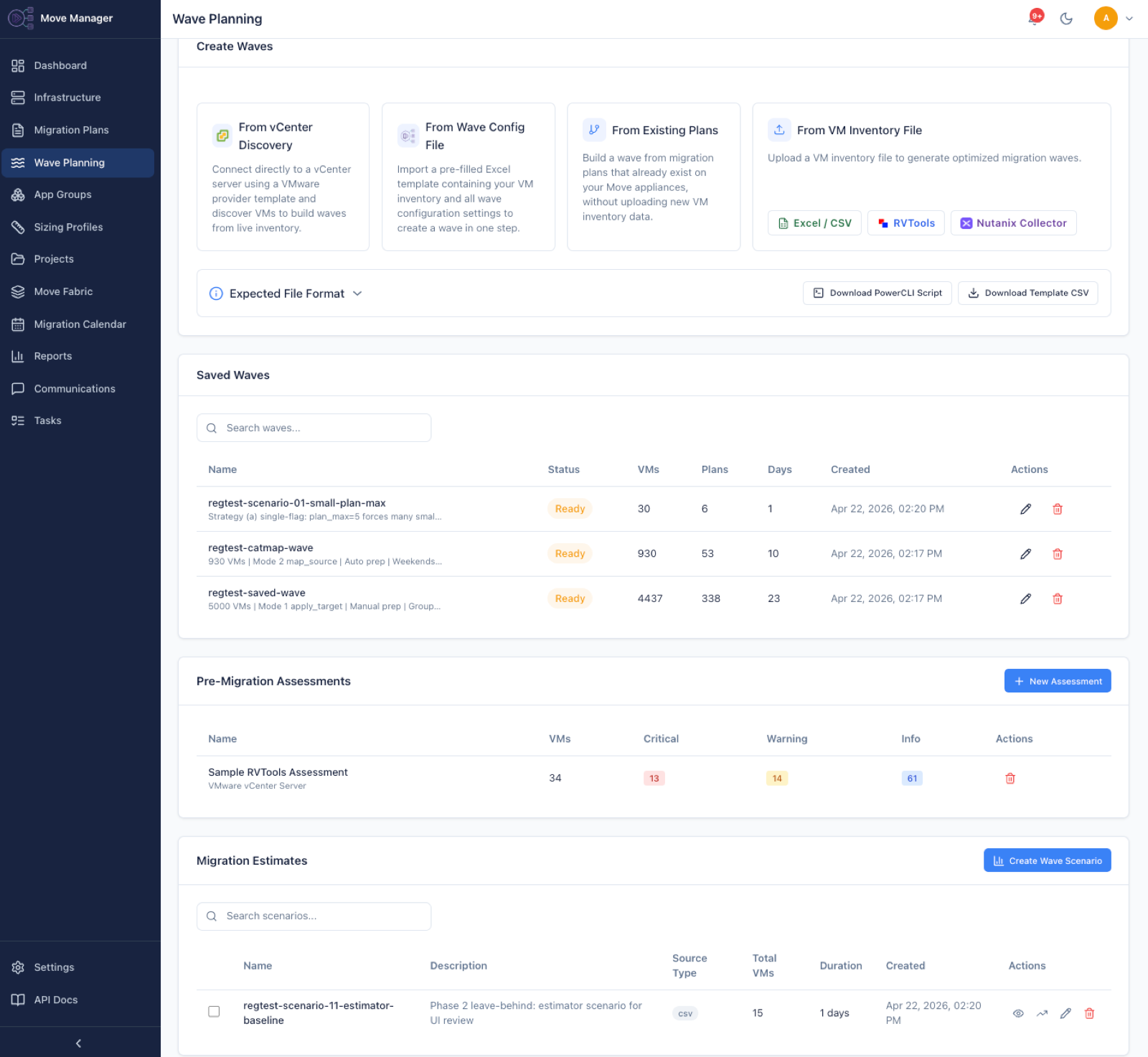 Wave planning: create waves from vCenter discovery, wave config file, existing plans, or VM inventory import; saved waves, assessments, and migration estimates